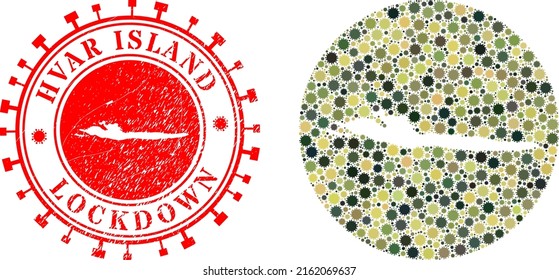 Mosaico vectorial de Hvar Island mapa de objetos de coronavirus y grunge sello LOCKDOWN. Mapa geográfico mosaico de la isla de Hvar creado como esténcil de forma redonda con elementos del virus SARS en colores caqui militares.