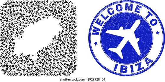 Vector mosaic Ibiza Island map of air fly elements and grunge Welcome seal stamp. Collage geographic Ibiza Island map designed as hole from rounded square using air planes.