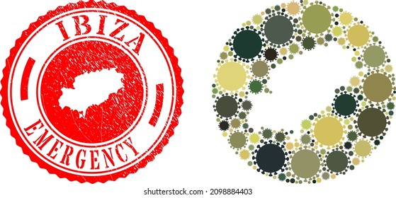 Vector mosaic Ibiza Island map of virus items and grunge EMERGENCY seal. Mosaic geographic Ibiza Island map created as carved shape from round shape with covid virus items in camo military colors.