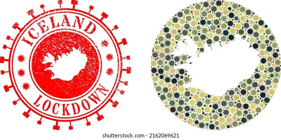 Vector mosaic Iceland map of SARS virus elements and grunge LOCKDOWN stamp. Mosaic geographic Iceland map designed as stencil from circle with covid virus elements in camo army colors.