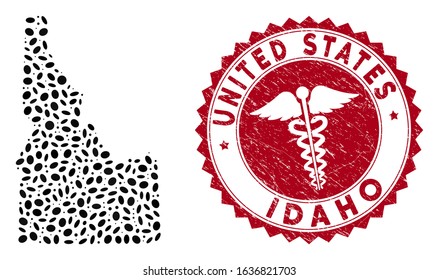 Vector mosaic Idaho State map and red rounded grunge stamp watermark with clinic symbol. Idaho State map collage formed with ellipse items. Red rounded health care stamp, with grunge texture.