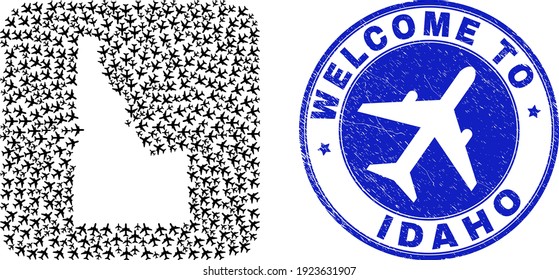 Vector mosaic Idaho State map of air fly elements and grunge Welcome seal. Mosaic geographic Idaho State map created as carved shape from rounded square shape with air vehicles.