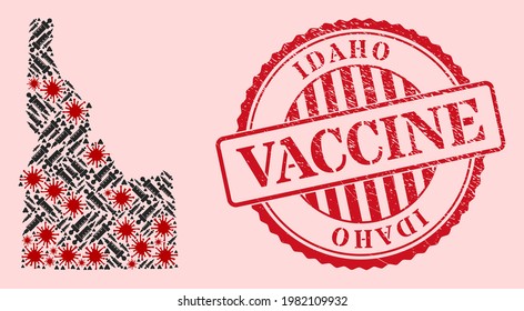Vector mosaic Idaho State map of SARS virus, syringe icons, and red grunge vaccine seal stamp. Virus particles and vaccination particles inside Idaho State map.