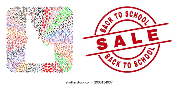 Vector mosaic Idaho State map of different icons and Back to School S a L E stamp. Mosaic Idaho State map created as subtraction from rounded square shape.