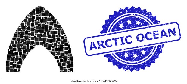 Vector mosaic igloo home, and Arctic Ocean rubber rosette seal. Blue stamp seal includes Arctic Ocean caption inside rosette. Square dots are united into abstract mosaic igloo home icon.