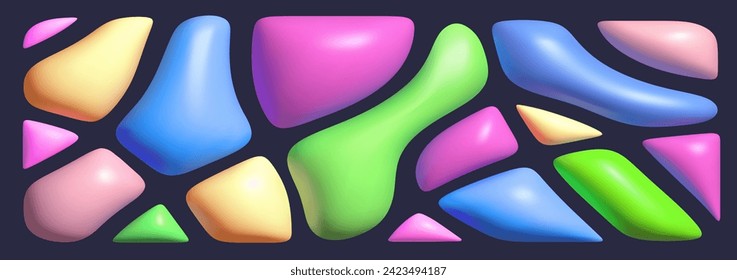Vector mosaic illustration of different abstract realistic soft shape on black color background. 3d cartoon style design of  set of various decorative gradient shine element for web, site, banner