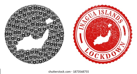 Mosaico vectorial de las Islas Inagua mapa de cerraduras y estampado LOCKDOWN. Mapa geográfico mosaico de las Islas Inagua diseñado como forma tallada de un círculo con cerraduras negras.
