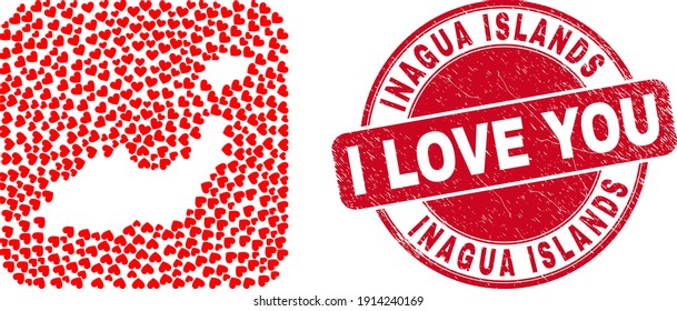 Vector mosaic Inagua Islands map of love heart elements and grunge love seal stamp. Mosaic geographic Inagua Islands map created as carved shape from rounded square shape with love hearts.