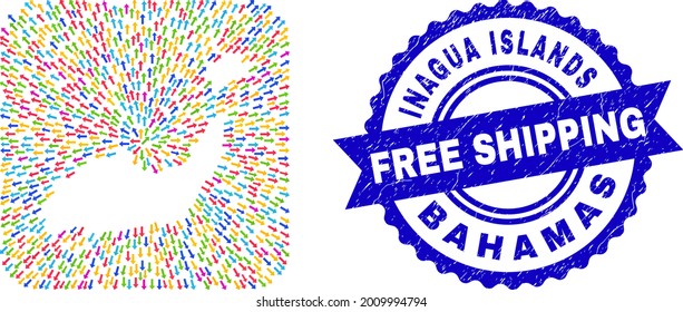 Vector mosaic Inagua Islands map of navigation arrows and rubber Free Shipping badge. Mosaic Inagua Islands map constructed as subtraction from rounded square using pointer arrows.