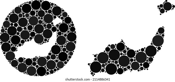 Vector mosaic Inagua Islands map of circle elements. Mosaic geographic Inagua Islands map is created as hole from round shape with circle elements in black color hues.