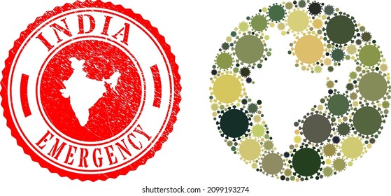 Vector mosaic India map of coronavirus icons and grunge EMERGENCY stamp. Mosaic geographic India map constructed as subtraction from round shape with sars virus icons in camouflage army color hues.