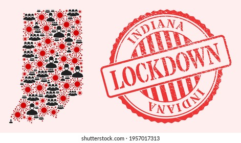 Vector mosaic Indiana State map of SARS virus, masked people and red grunge lockdown stamp. Virus particles and people in masks inside Indiana State map.