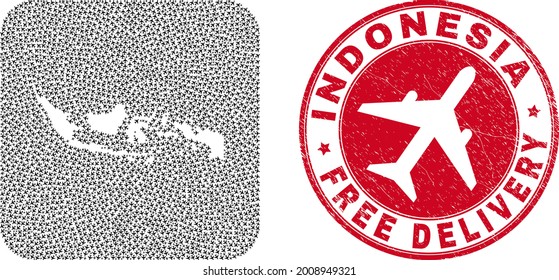 Vector mosaic Indonesia map of aeroplane items and grunge Free Delivery seal. Mosaic geographic Indonesia map constructed as subtraction from rounded square using flying out aviation items.