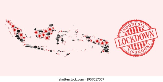 Vector mosaic Indonesia map of corona virus, masked men and red grunge lockdown stamp. Virus particles and men in masks inside Indonesia map. Red stamp with grunge rubber texture and LOCKDOWN word.