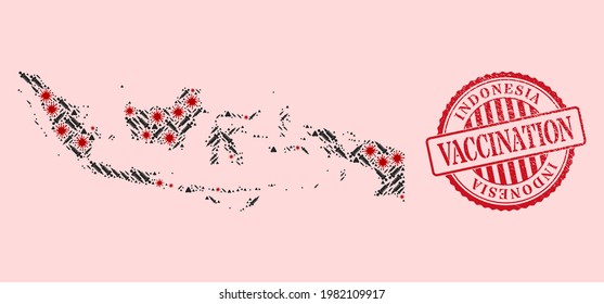 Mosaico vectorial Indonesia mapa del virus de la corona, íconos de vacunación y sello de la vacuna de grunge rojo. Partículas de virus y agujas de vacuna dentro del mapa de Indonesia.