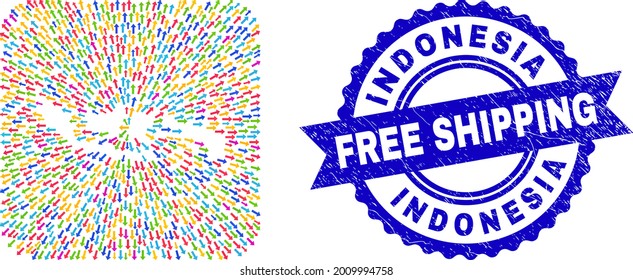 Vector mosaic Indonesia map of migration arrows and rubber Free Shipping badge. Mosaic Indonesia map constructed as stencil from rounded square with emigration arrows.