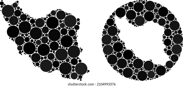 Mapa del mosaico vectorial de Irán de los elementos de círculo. Mapa geográfico musulmán de Irán diseñado como forma tallada de un círculo con partes redondeadas en tonos negros. Mapa de Irán con mosaico vectorial pixelado.