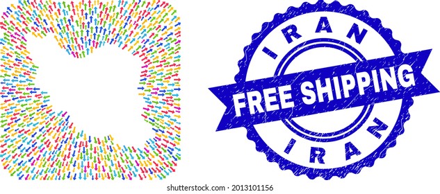 Vector mosaic Iran map of emigration arrows and scratched Free Shipping seal stamp. Mosaic Iran map created as carved shape from rounded square shape with moving arrows.