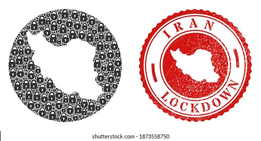 Vector mosaic Iran map of locks and grunge LOCKDOWN seal. Mosaic geographic Iran map constructed as subtraction from circle with black locks. Red seal with grunge rubber texture and LOCKDOWN caption.
