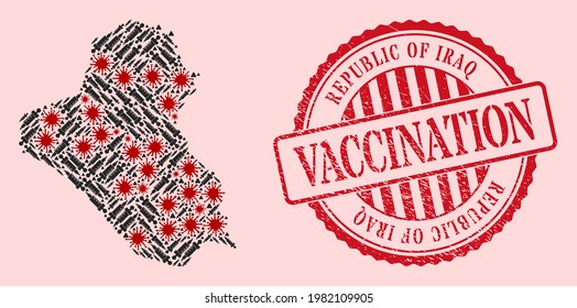 Mapa del virus de la corona, iconos de la vacuna y sello de la vacuna de grunge roja. Partículas de virus y partículas de jeringa dentro del mapa de Iraq.