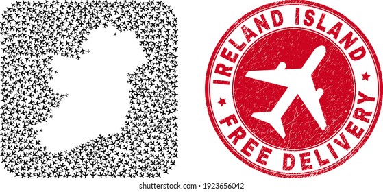 Vector mosaic Ireland Island map of aircraft elements and grunge Free Delivery badge.