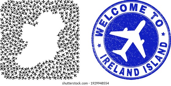 Mosaico vectorial de la isla de Irlanda mapa de elementos de la aerolínea y estampado de bienvenida grunge. Mapa geográfico de la isla de Irlanda de color construido en forma cuadrada redondeada con transporte aéreo.