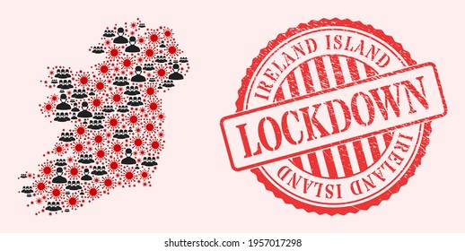 Vector mosaic Ireland Island map of covid-2019 virus, masked men and red grunge lockdown seal. Virus particles and men in masks inside Ireland Island map.
