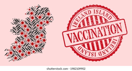 Vector mosaic Ireland Island map of corona virus, vaccination icons, and red grunge vaccination seal stamp. Virus particles and syringe needles inside Ireland Island map.