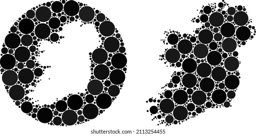 Vector mosaic Ireland Island map of sphere dots. Mosaic geographic Ireland Island map constructed as stencil from circle with circle dots in black color hues.