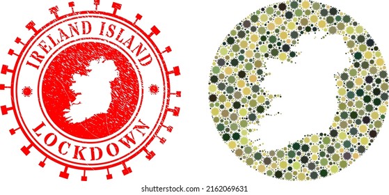 Vector mosaic Ireland Island map of flu virus icons and grunge LOCKDOWN seal stamp. Mosaic geographic Ireland Island map designed as hole from circle with virus outbreak icons in khaki army colors.