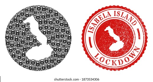 Vector mosaic Isabela Island of Galapagos map of locks and grunge LOCKDOWN stamp. Mosaic geographic Isabela Island of Galapagos map created as hole from circle with black locks.