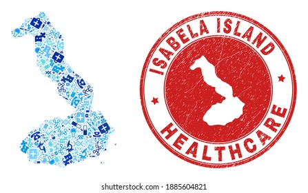 Vector mosaic Isabela Island of Galapagos map with healthcare icons, first aid symbols, and grunge healthcare seal stamp.