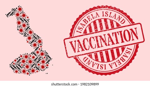 Vector mosaic Isabela Island of Galapagos map of covid-2019 virus, injection icons, and red grunge vaccination seal stamp. Virus particles and syringe particles inside Isabela Island of Galapagos map.