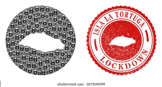 Vector mosaic Isla La Tortuga map of locks and grunge LOCKDOWN seal stamp. Mosaic geographic Isla La Tortuga map constructed as hole from round shape with black locks.