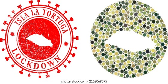 Vector mosaic Isla La Tortuga map of virus outbreak items and grunge LOCKDOWN stamp.