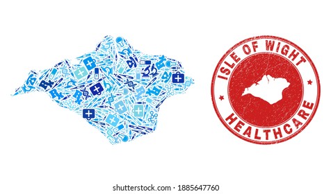 Vector mosaic Isle of Wight map with healthcare icons, first aid symbols, and grunge health care seal. Red round seal with distress rubber texture and Isle of Wight map caption and map.