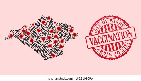Vector mosaic Isle of Wight map of coronavirus, syringe icons, and red grunge vaccination stamp. Virus cells and vaccination needles inside Isle of Wight map.