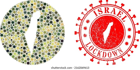 Vector mosaic Israel map of covid-2019 elements and grunge LOCKDOWN stamp. Mosaic geographic Israel map constructed as carved shape from round shape with flu virus elements in khaki military colors.