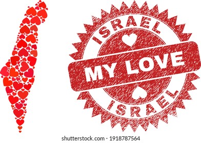 Vector mosaic Israel map of love heart items and grunge My Love badge. Mosaic geographic Israel map constructed using love hearts. Red rosette seal with grunge rubber texture and my love text.