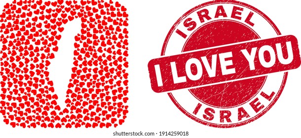 Mosaico vectorial Israel mapa de elementos valentinos del corazón y sello de sello de la foca de amor grunge. Mapa geográfico musulmán de Israel construido en forma tallada de cuadrado redondeado usando corazones valentinos.