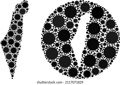 Vector mosaic Israel map of virus outbreak items. Mosaic geographic Israel map designed as carved shape from round shape with SARS virus elements in black color hues.