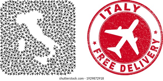 Vector mosaic Italy map of aircraft items and grunge Free Delivery seal stamp. Mosaic geographic Italy map designed as subtraction from rounded square with flying out aircraft.