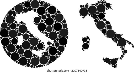 Vector mosaic Italy map of circle dots. Mosaic geographic Italy map designed as stencil from round shape with circle dots in black color hues. Dot vector mosaic Italy map.