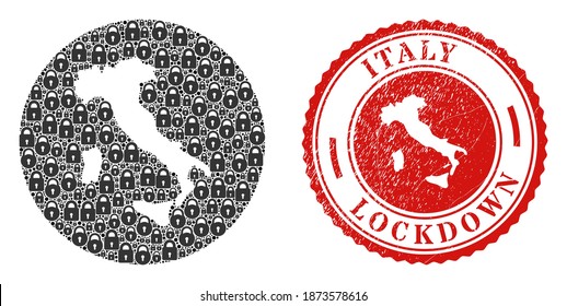 Vector mosaic Italy map of locks and grunge LOCKDOWN stamp. Mosaic geographic Italy map designed as hole from circle with black locks. Red stamp with corroded rubber texture and LOCKDOWN text.