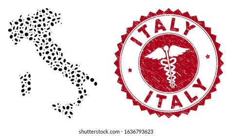 Vector mosaic Italy map and red round distressed stamp seal with health care icon. Italy map collage composed with oval spots. Red round health care watermark, with unclean texture.
