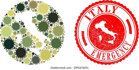 Vector mosaic Italy map of virus icons and grunge EMERGENCY stamp. Mosaic geographic Italy map created as subtraction from round shape with viral items in camouflage military colors.
