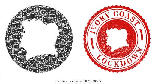 Vector mosaic Ivory Coast map of locks and grunge LOCKDOWN seal stamp. Mosaic geographic Ivory Coast map created as carved shape from round shape with black locks.