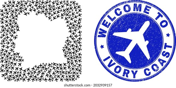 Vector mosaic Ivory Coast map of air flight elements and grunge Welcome stamp. Mosaic geographic Ivory Coast map constructed as carved shape from rounded square shape with air flights.