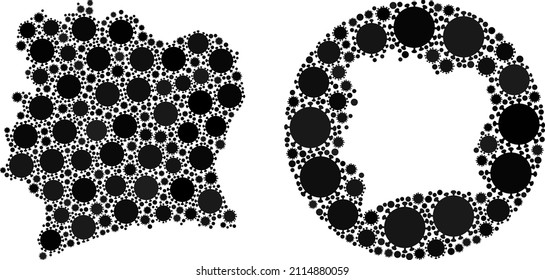 Vector mosaic Ivory Coast map of viral items. Mosaic geographic Ivory Coast map constructed as carved shape from circle with viral items in black color hues. Illustration for safety purposes.