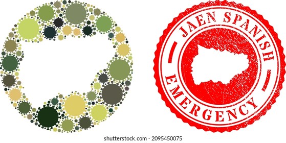 Vector mosaic Jaen Spanish Province map of coronavirus items and grunge EMERGENCY badge.
